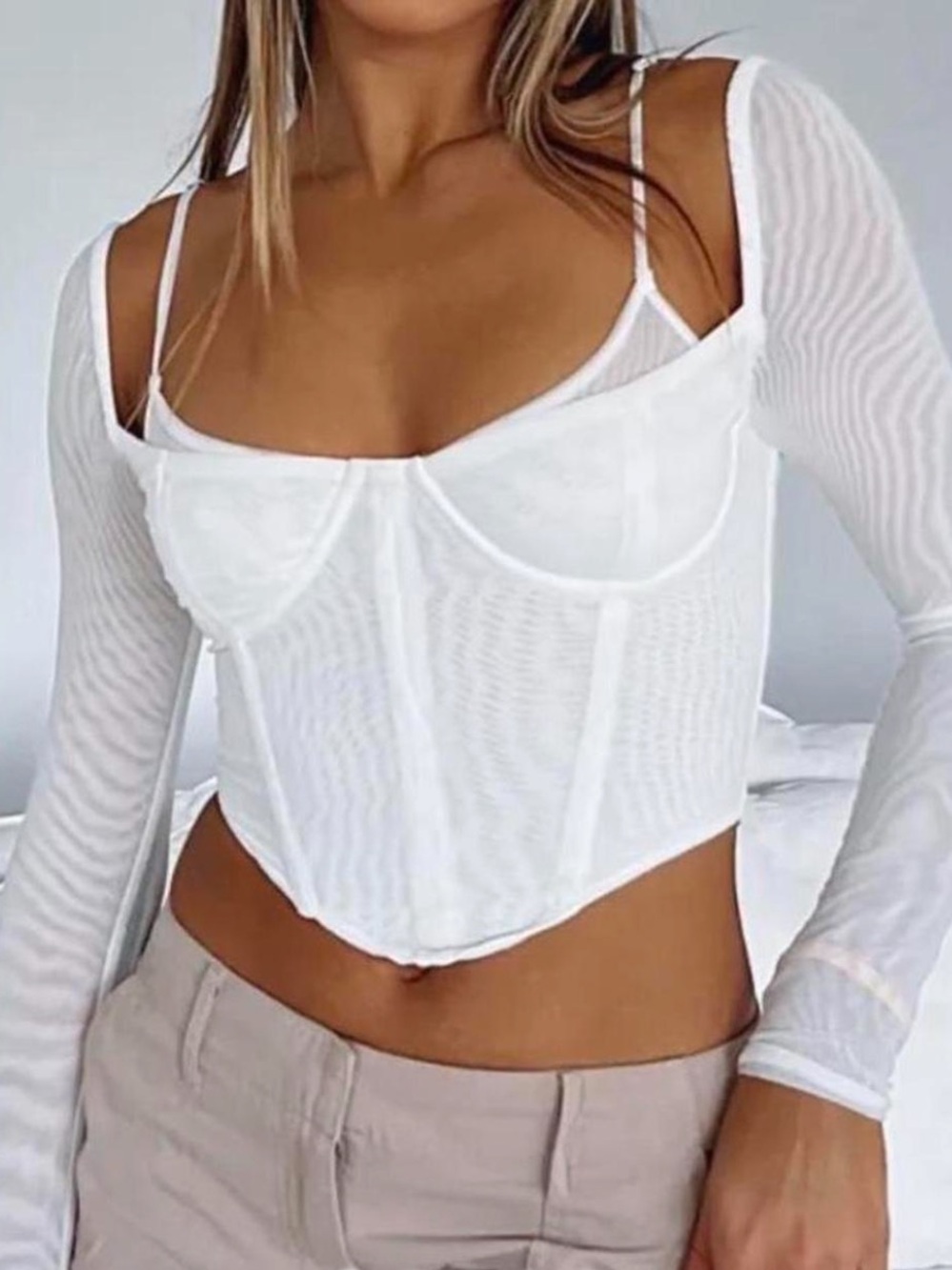 White Fox Ivory Mesh Corset Top with Long Sleeves